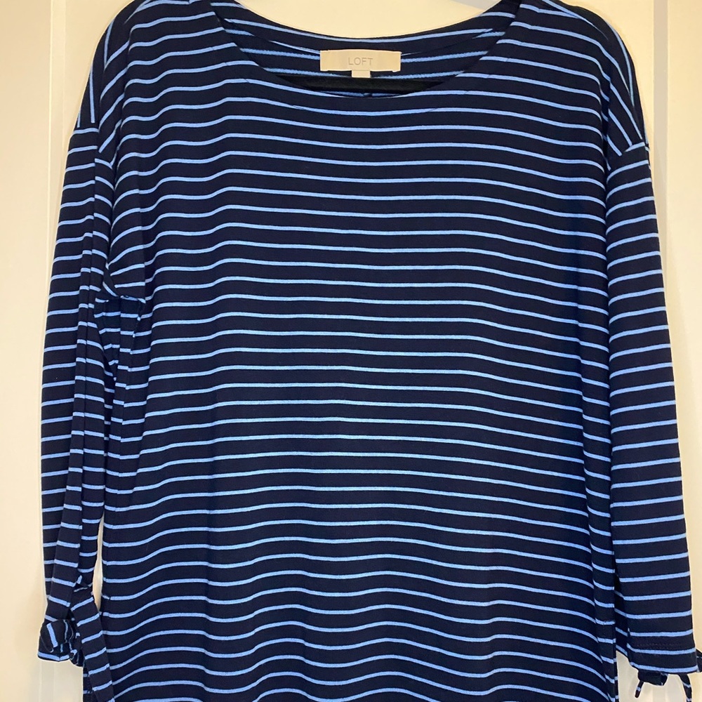 LOFT boatneck tie-sleeve blue striped shirt
